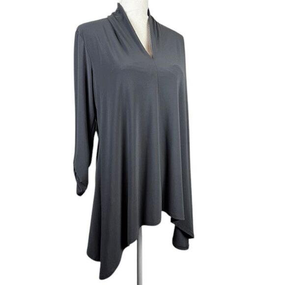 Clara Sun Woo Dark Gray Asymmetric Tunic Top Ruched Sleeve V-Neck Size Medium - Picture 1 of 11